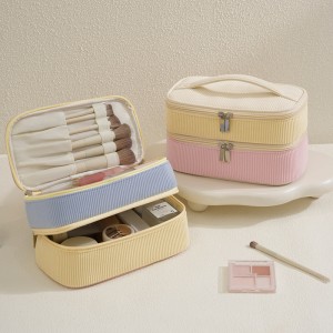 New Double-layer Makeup Bag – Corduroy Travel-style Partitioned Makeup Brush Storage Bag – Hand-held Large Capacity Toiletry Bag