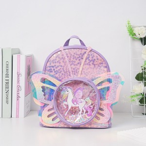 Trendy Children’s Bags Cute Cartoon Unicorn Iridescent Laser Effect Butterfly Wings Small Double-Shoulder Zipper Polyester