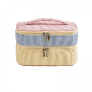 New Double-layer Makeup Bag – Corduroy Travel-style Partitioned Makeup Brush Storage Bag – Hand-held Large Capacity Toiletry Bag