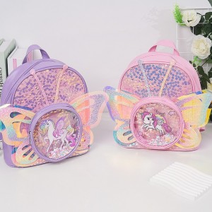 Trendy Children’s Bags Cute Cartoon Unicorn Iridescent Laser Effect Butterfly Wings Small Double-Shoulder Zipper Polyester