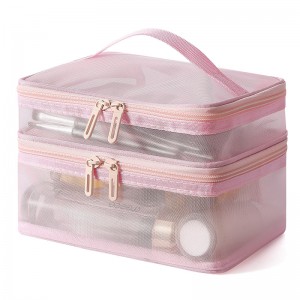 New Style Polyester Mesh Bow Pattern Zipper Closure Large Capacity Double-Layer Transparent Travel Makeup Storage for Bag