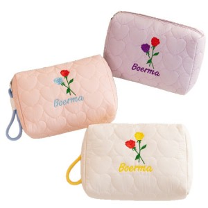 Handheld Travel Makeup Bag with Large Capacity Polyester Material Bow Pattern Zipper Closure Simple Style for Outdoor Use